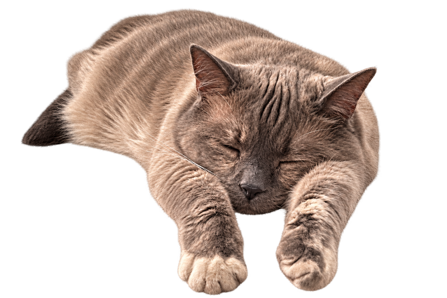 Boo asleep with both front paws stretched out.